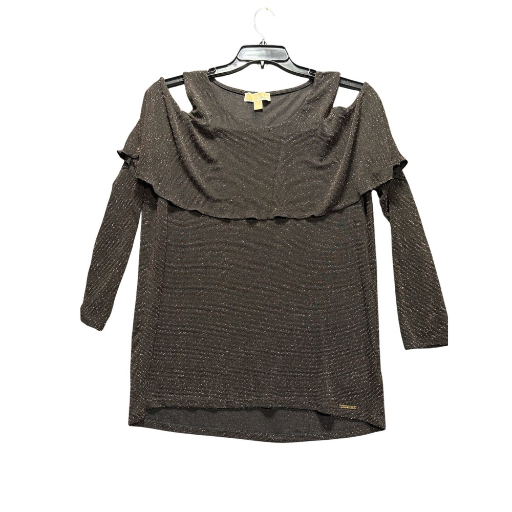 Michael Kors Blouse Women XL Black Metallic Ruffle Cold Shoulder